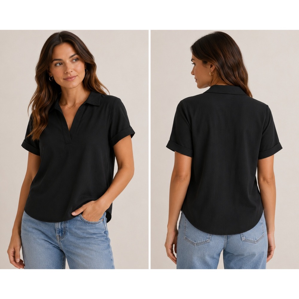 Babaton Blouse Size M Black Short‎ Sleeve Collared V-Neck Crepe Pullover Career